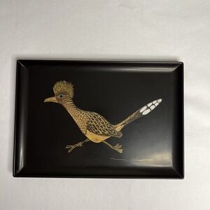 Vintage Mid Century Courac Of Monterey Roadrunner Black Serving Tray Large MCM